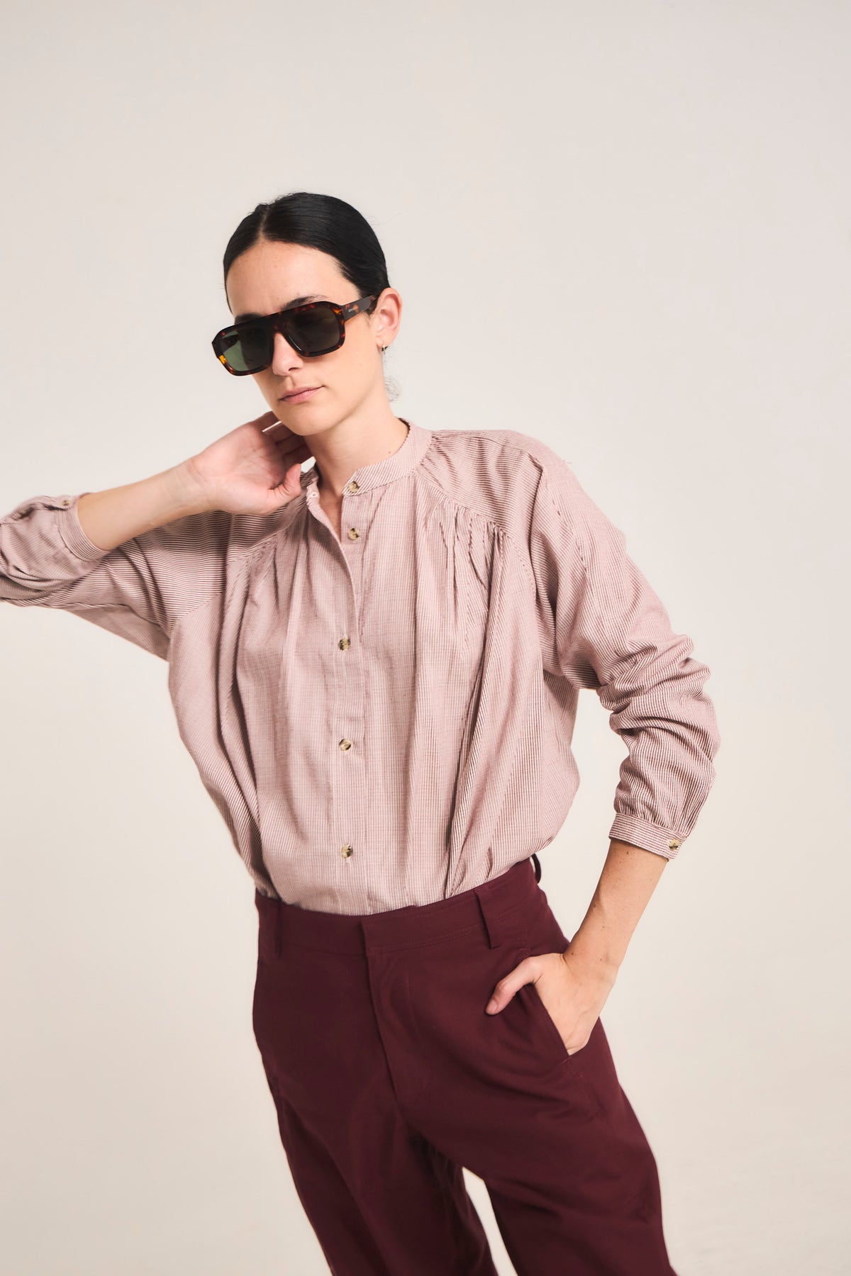 Blusa Tresor 100% Algodón Listada Burdeo
