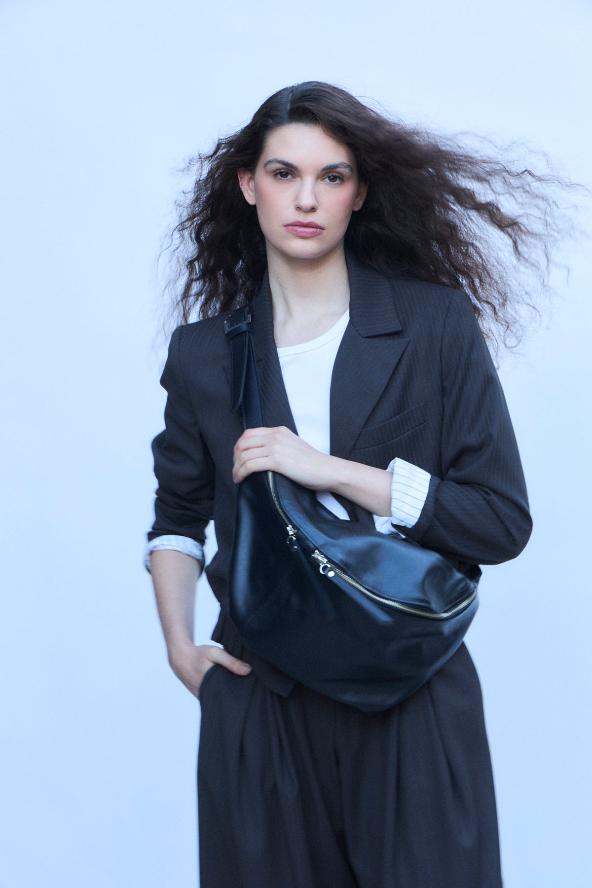 Marion Banana Bag 100% Black Leather