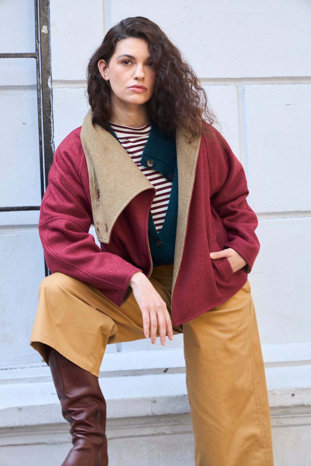 Chaquetón Reversible Candes Lana Senape/ Espiga Guinda