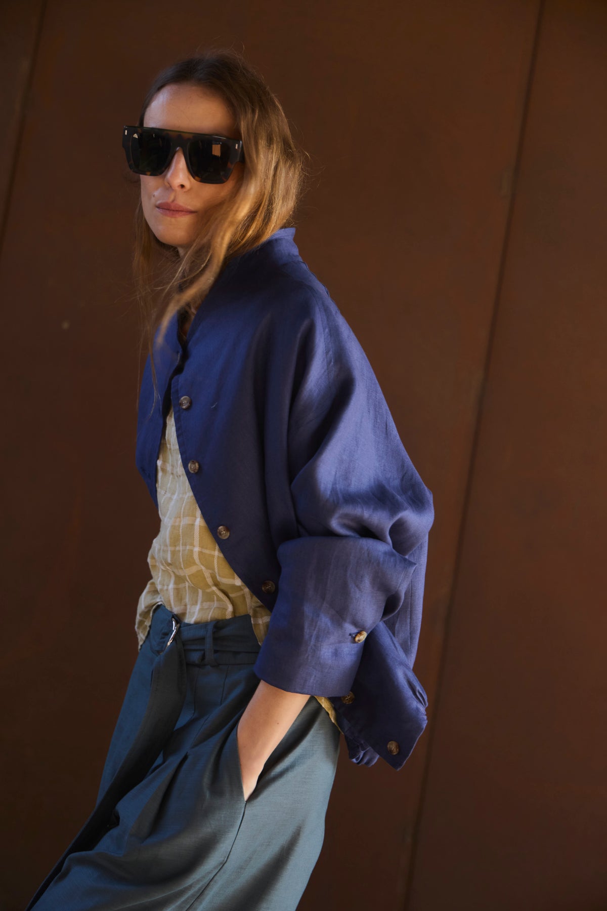 Bomber Nacre 100% Lino Azul