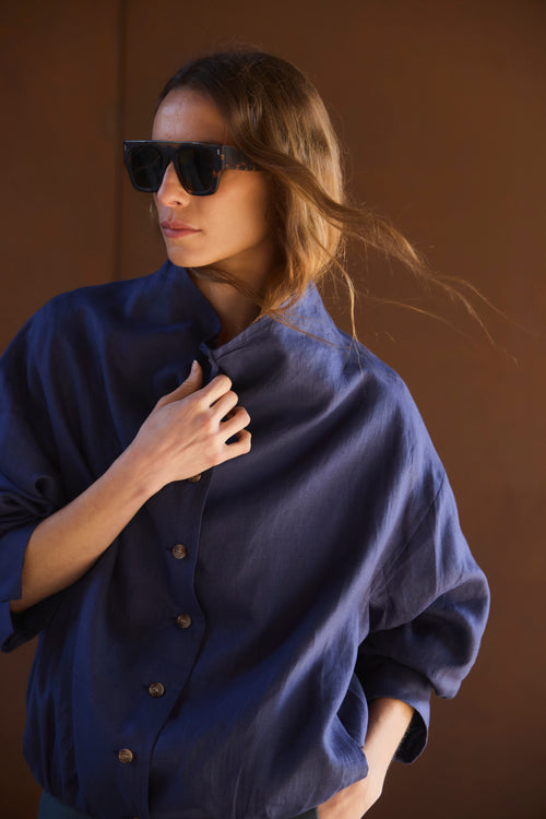 Chaqueta Bomber Nacre 100% Lino Azul