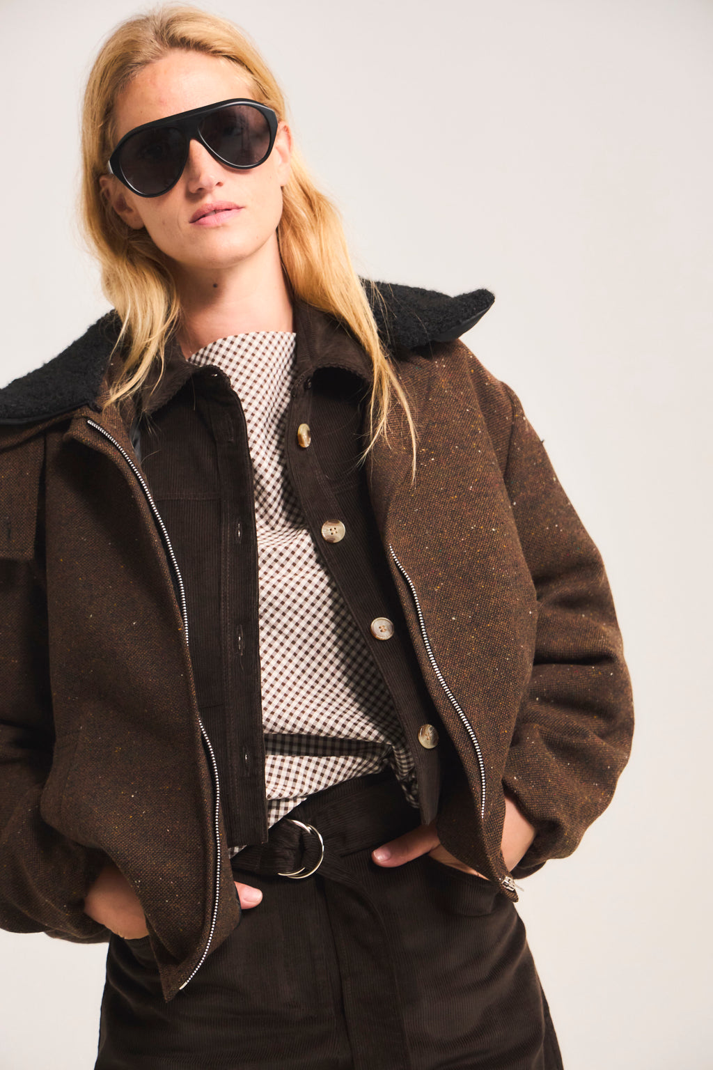 Peppered Wool Bomber Jacket Brown