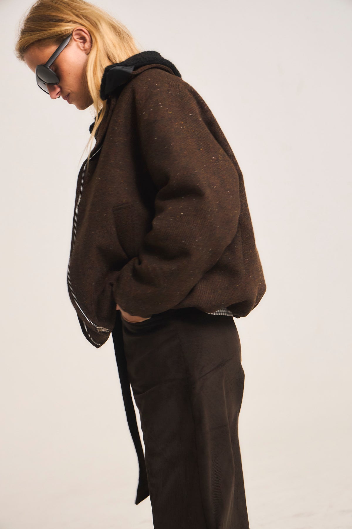 Peppered Wool Bomber Jacket Brown