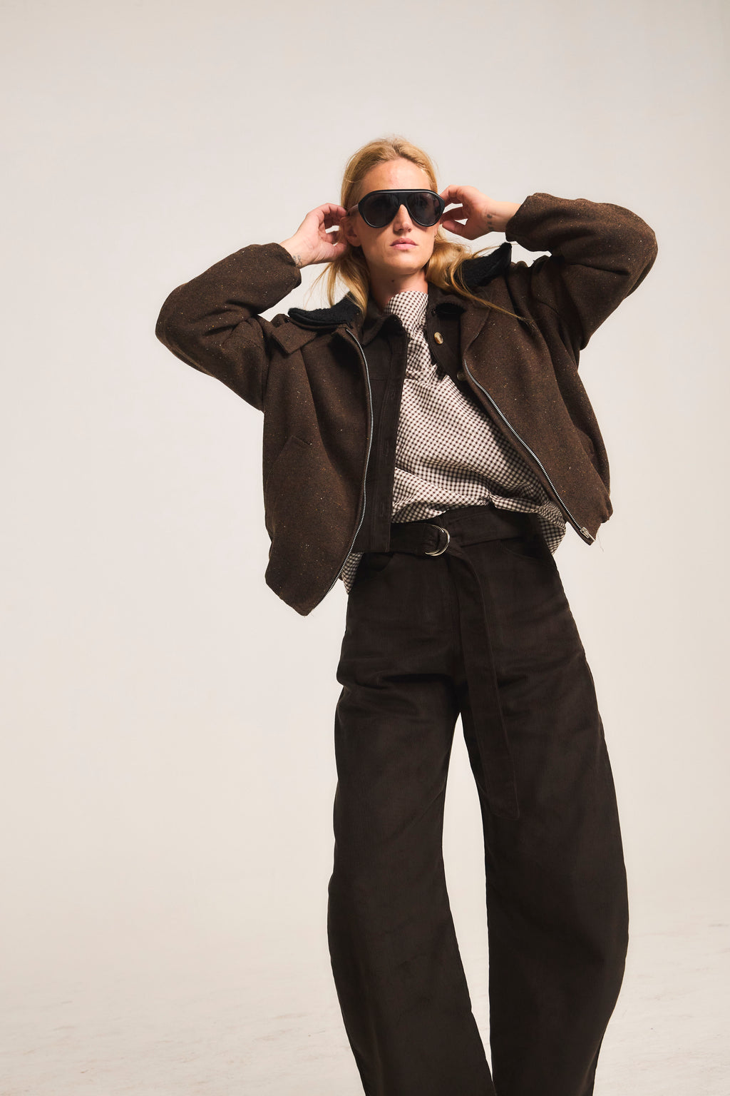 Peppered Wool Bomber Jacket Brown