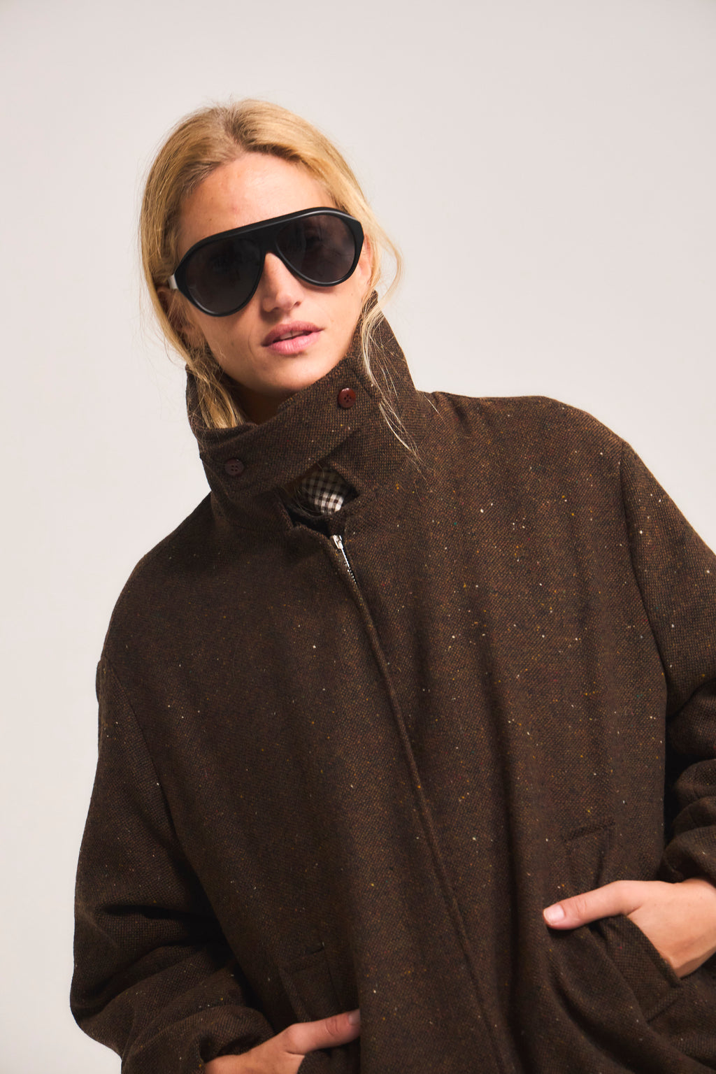 Peppered Wool Bomber Jacket Brown