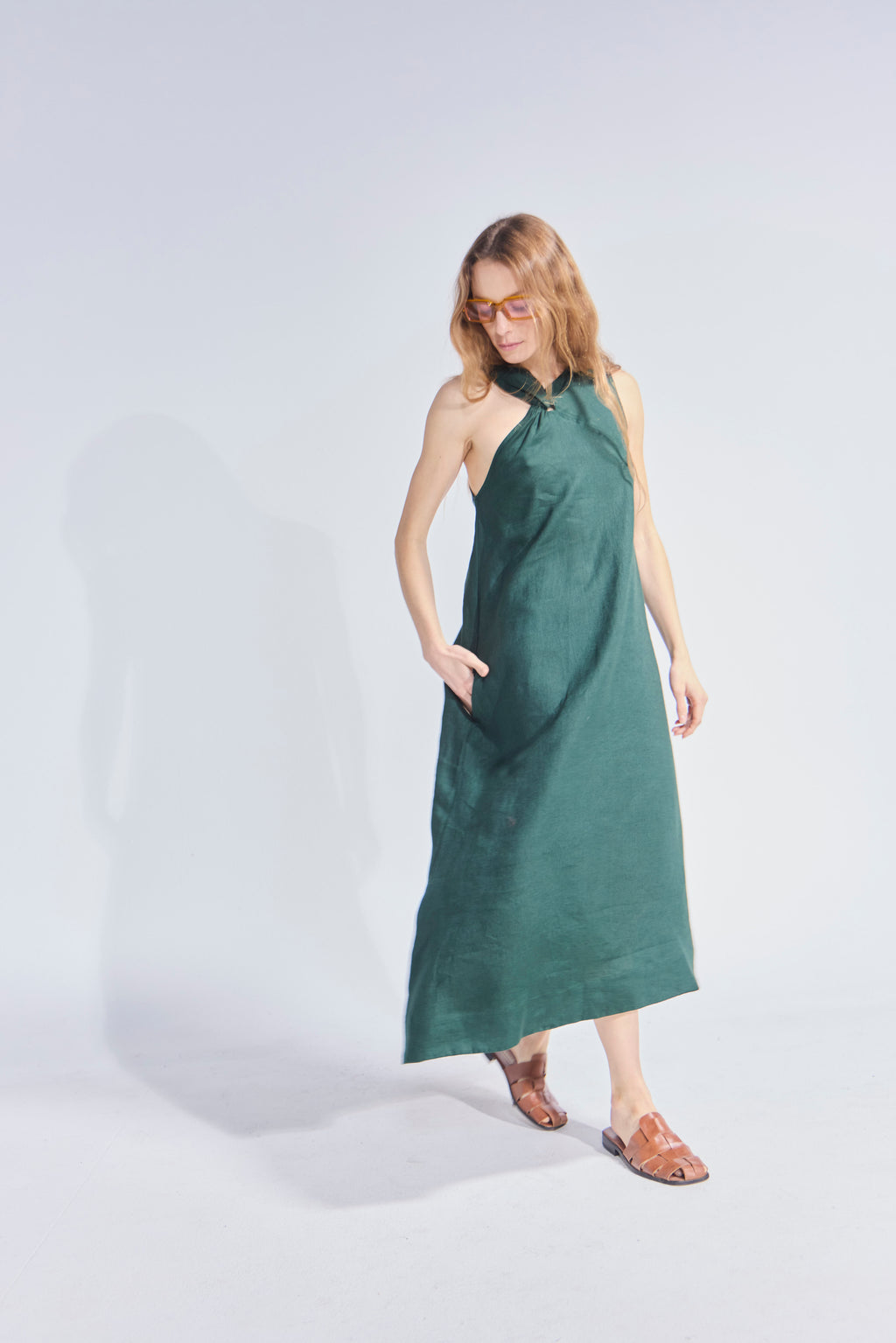 Vestido Croise 100% Lino Verde Bosque