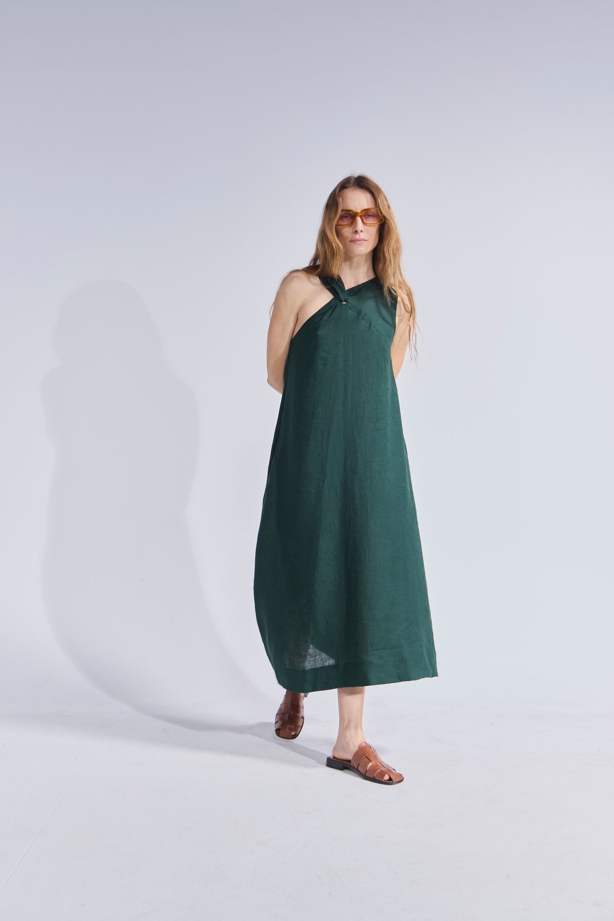 Vestido Croise 100% Lino Verde Bosque