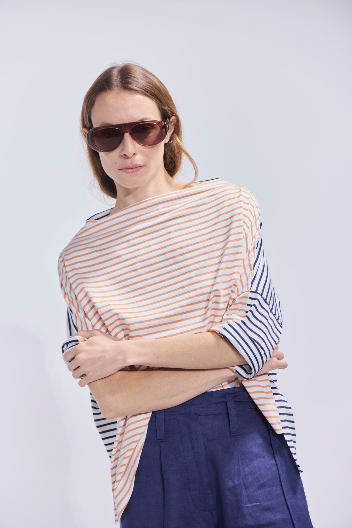 Polera Ligne Listada Azul-Camel