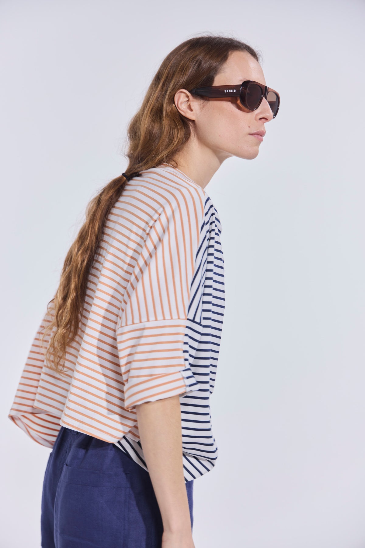Polera Ligne Listada Azul-Camel