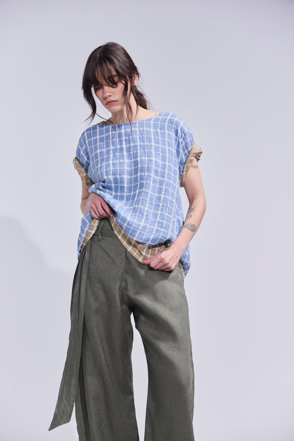 Top Prissé 100% Lino Escocés Azul