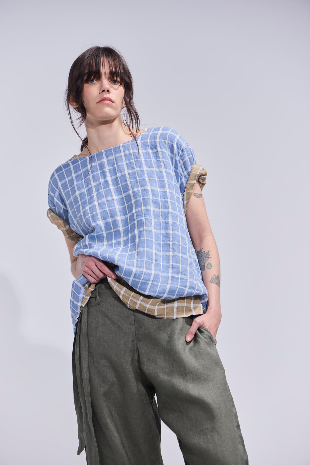 Top Prissé 100% Lino Escocés Azul