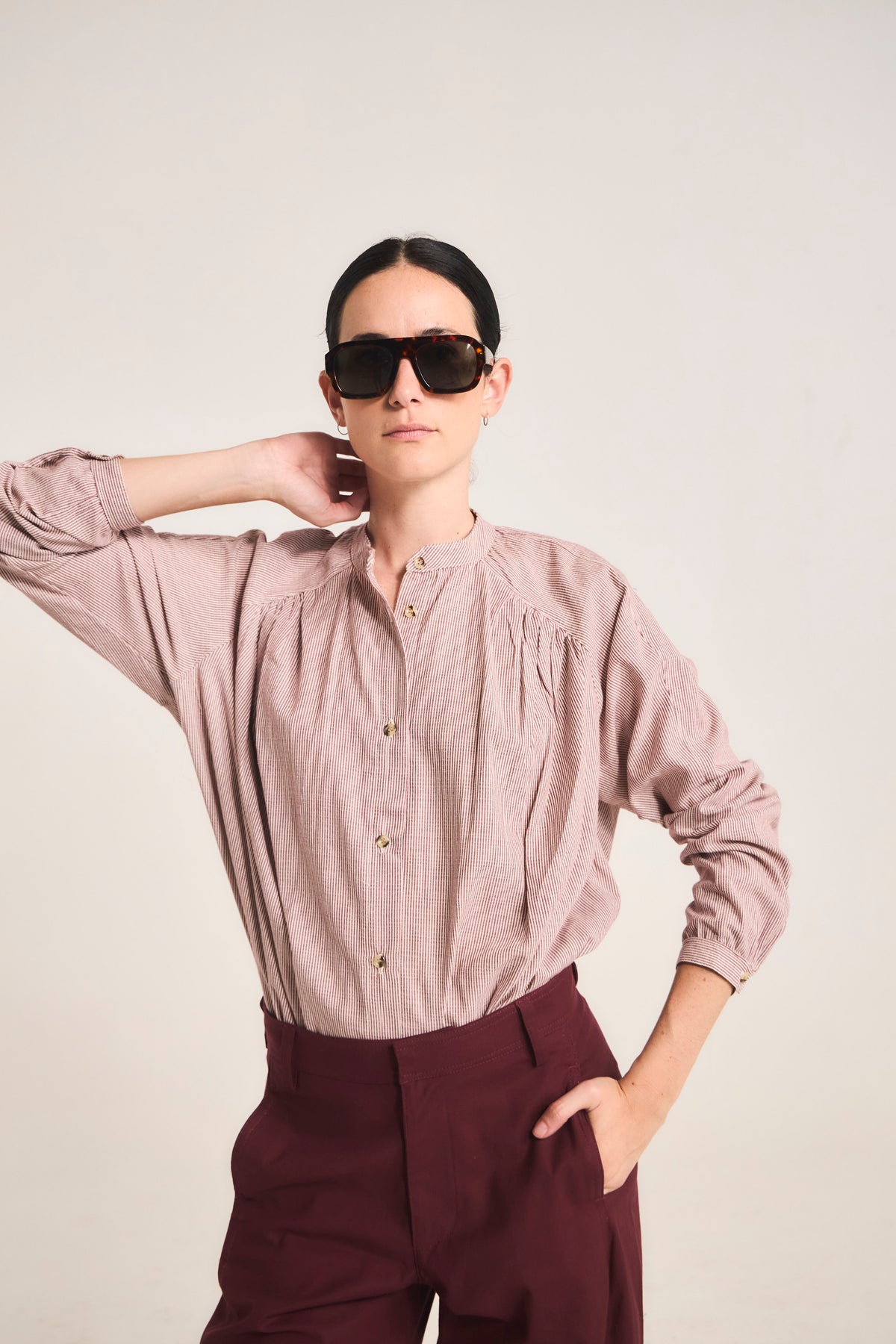 Blusa Tresor 100% Algodón Listada Burdeo